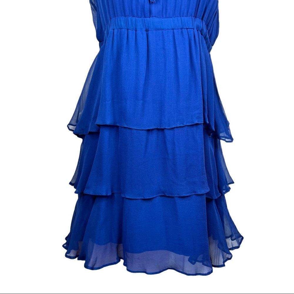 100% Silk Cocktail Dress Tiered Ruffles in Navy Blue Women's Size Small - Picture 4 of 10